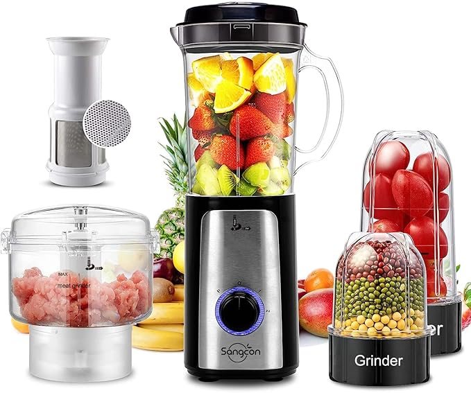 Blender Sangcon z dzbankiem, kubkiem, młynkiem i pojemnikiem do siekania